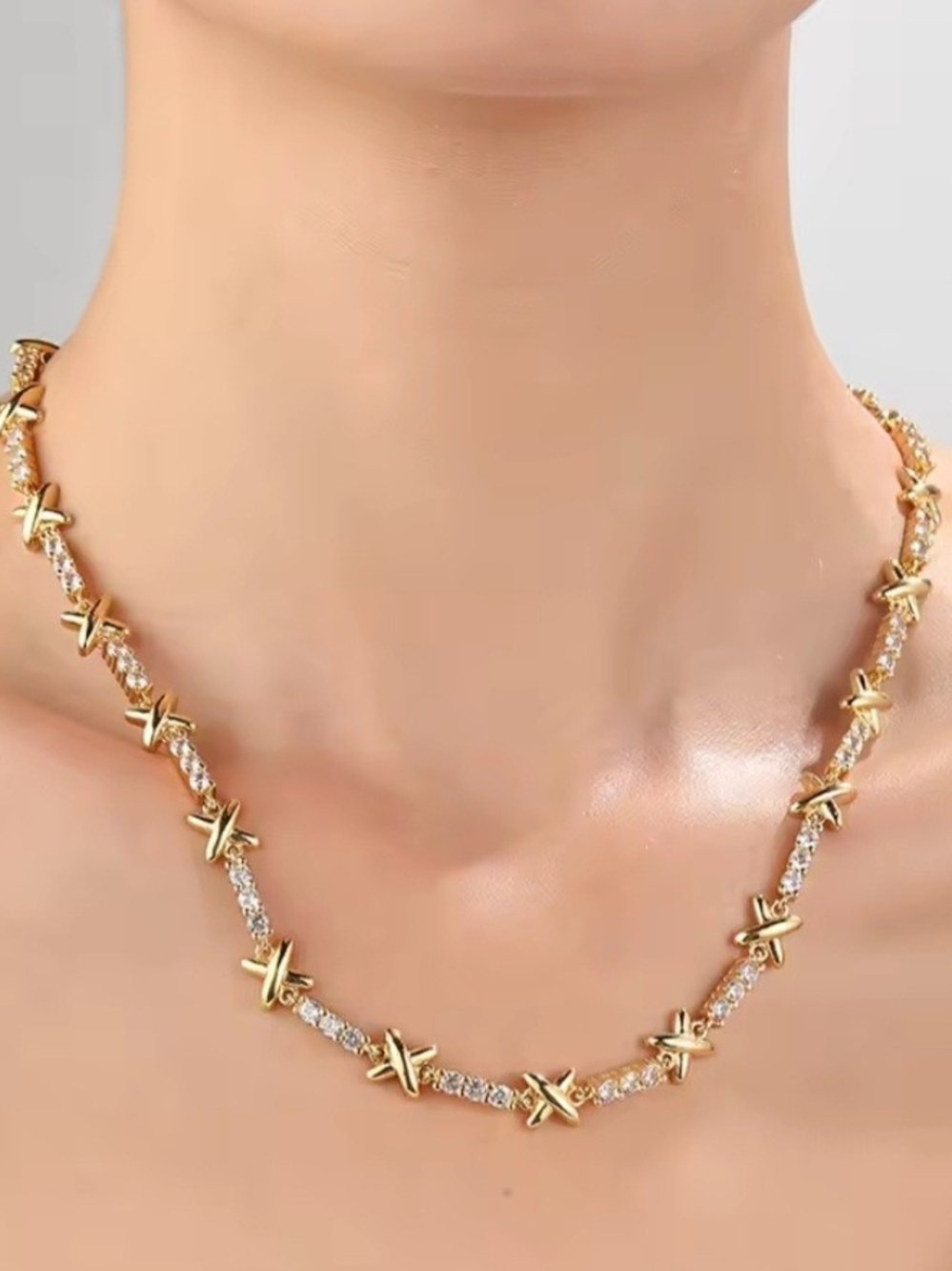 Gold Crisscross CZ Station Necklace - Women Jewelry